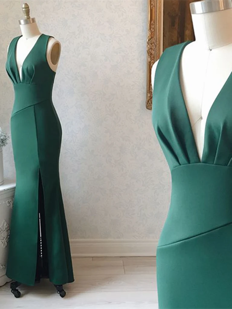 Mermaid V Neck Satin Long Prom Dresses Formal Evening Dresses